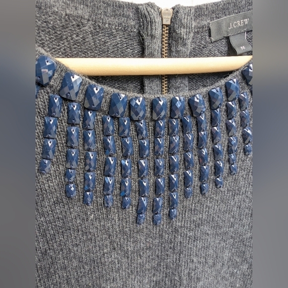 J Crew Gray Wool Rabbit Hair Blend Blue Jewel Beaded Neckline Top Size Medium - Picture 2 of 5